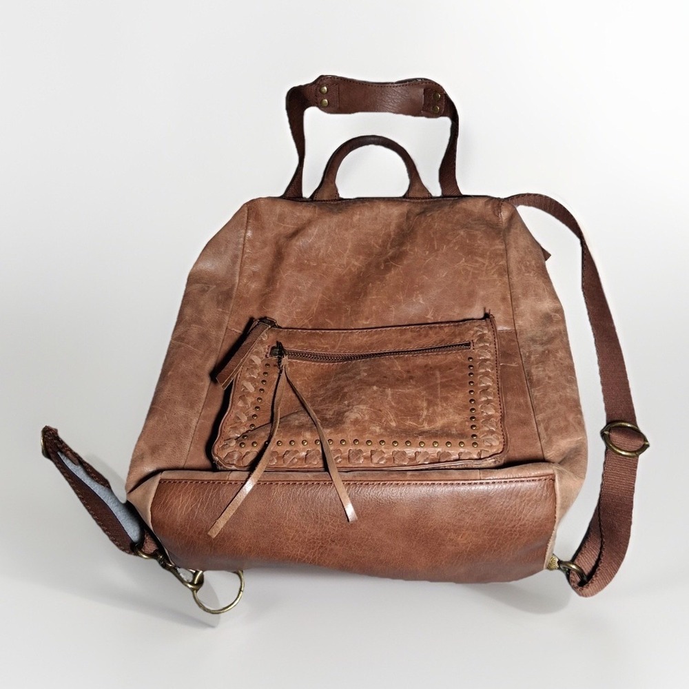 The Sak Brown Leather Backpack Convertible Studded Braided Boho Bag Distressed